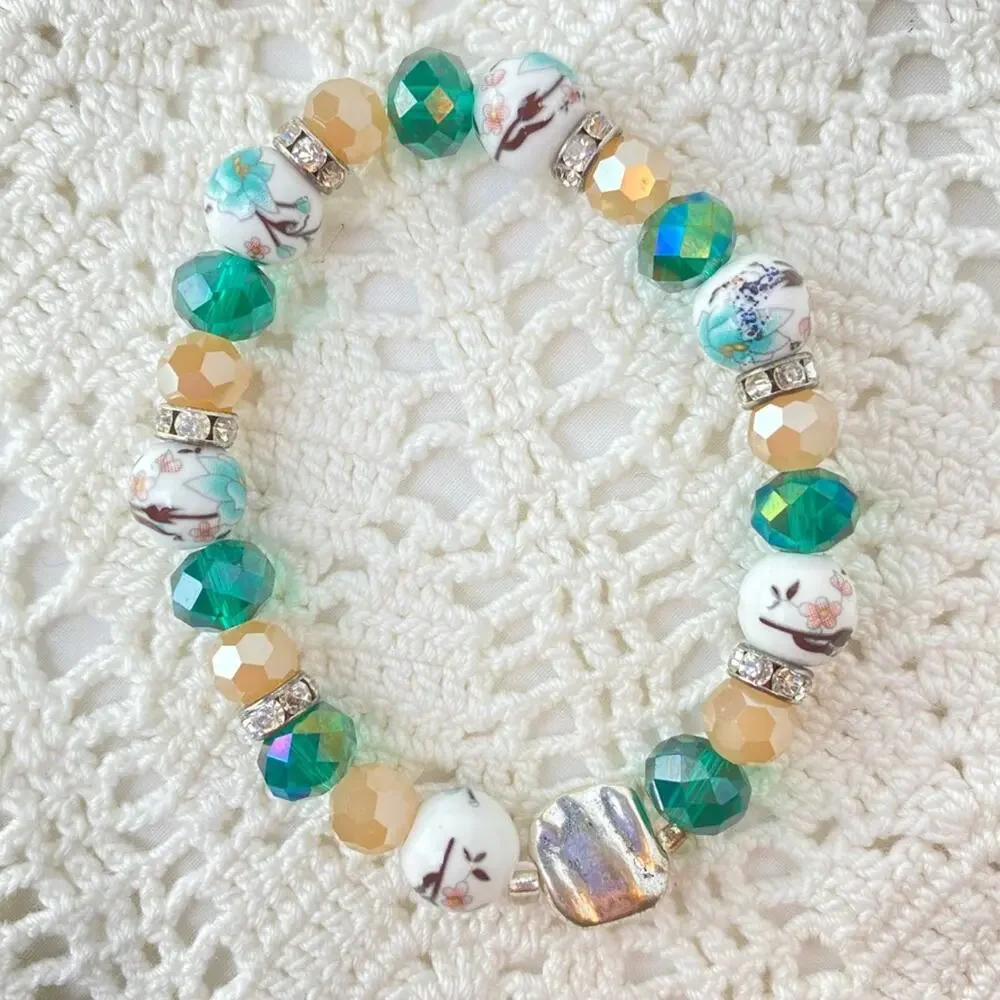 Floral Beaded Bracelet Rhinestone Silver Accents